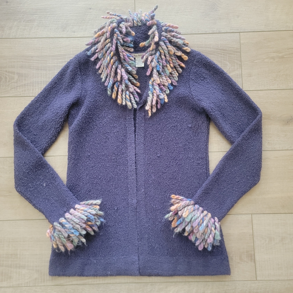 Free People Vintage Wool Blend Shaggy Fringe Cardigan Purple L Boho Y2K